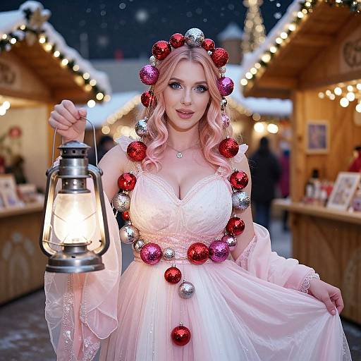Woman in Pink Dress Holding Lantern at Christmas Market
