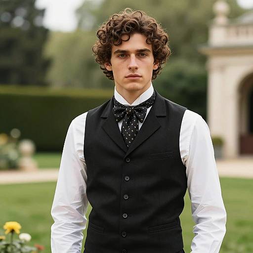 Young Man in Vintage Formal Vest and Bow Tie in Garden Setting