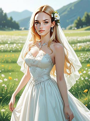 Elegant Blonde Bride in Embroidered Wedding Dress in Sunlit Meadow