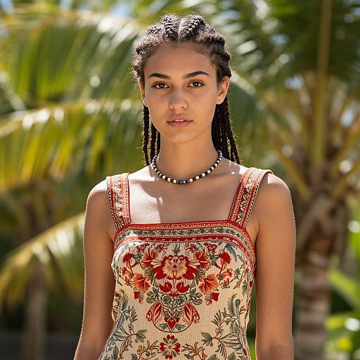Young Woman in Floral Dress with Braids Outdoors Near Palm Trees