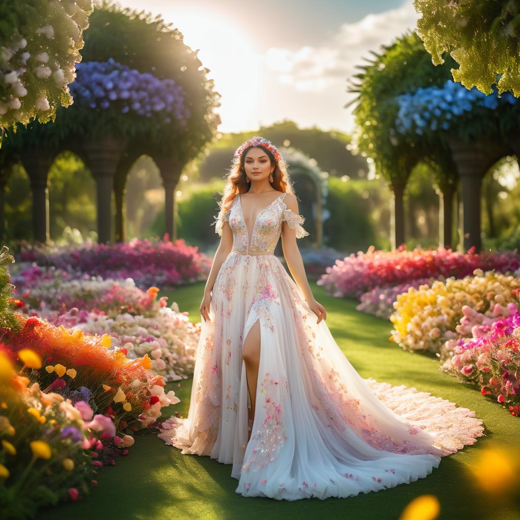 Woman in Floral Gown in Vibrant Garden