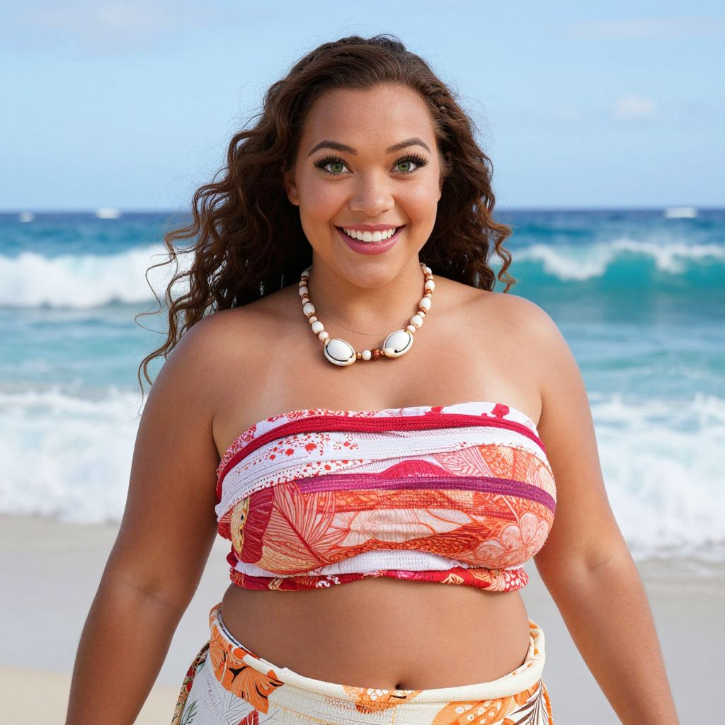 Smiling Curly-Haired Woman in Tropical Beachwear on Ocean Shore