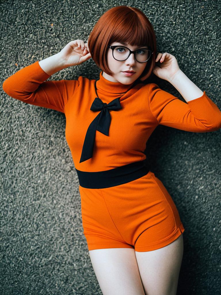 Stylish Young Woman in Orange Romper with Red Bob Haircut