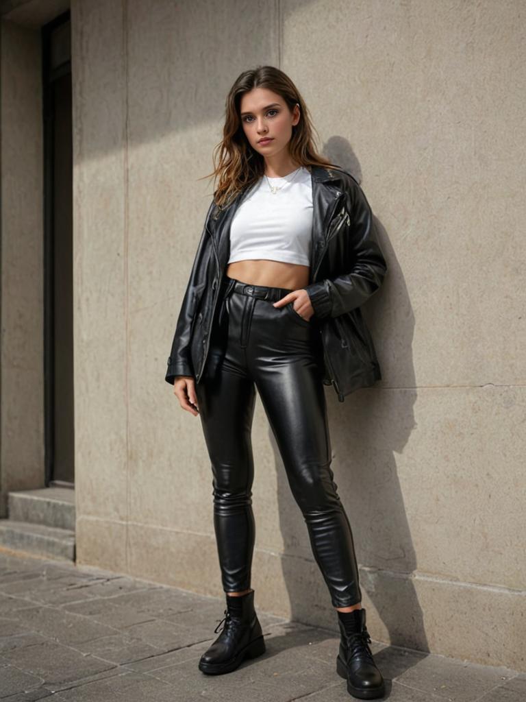 Confident Woman in Stylish Leather Outfit