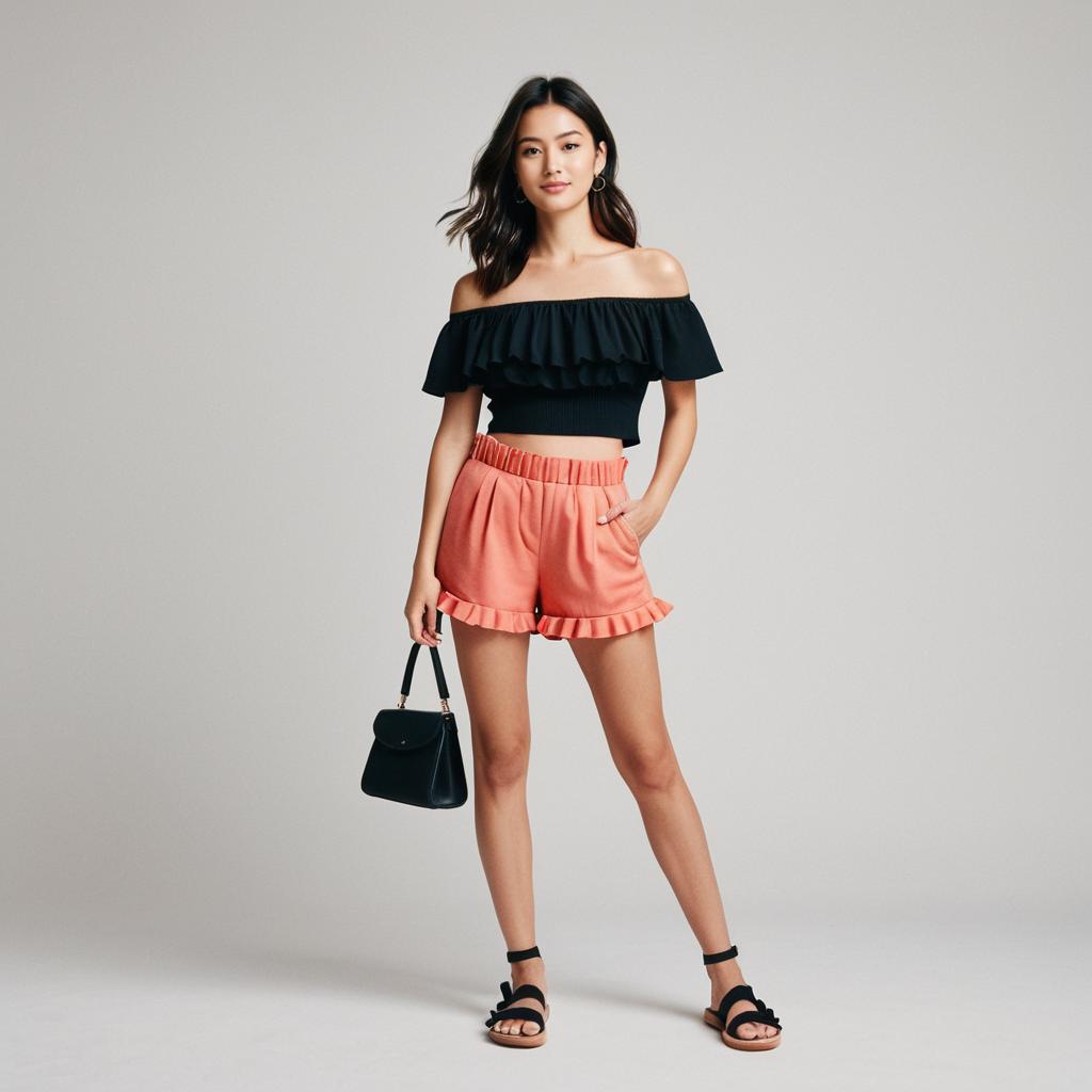 Woman in Contemporary Chic Off-the-Shoulder Black Crop Top with Ruffled Coral Shorts
