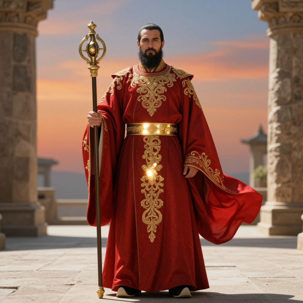 Regal Man in Ornate Red and Gold Robe Holding Golden Staff at Sunset