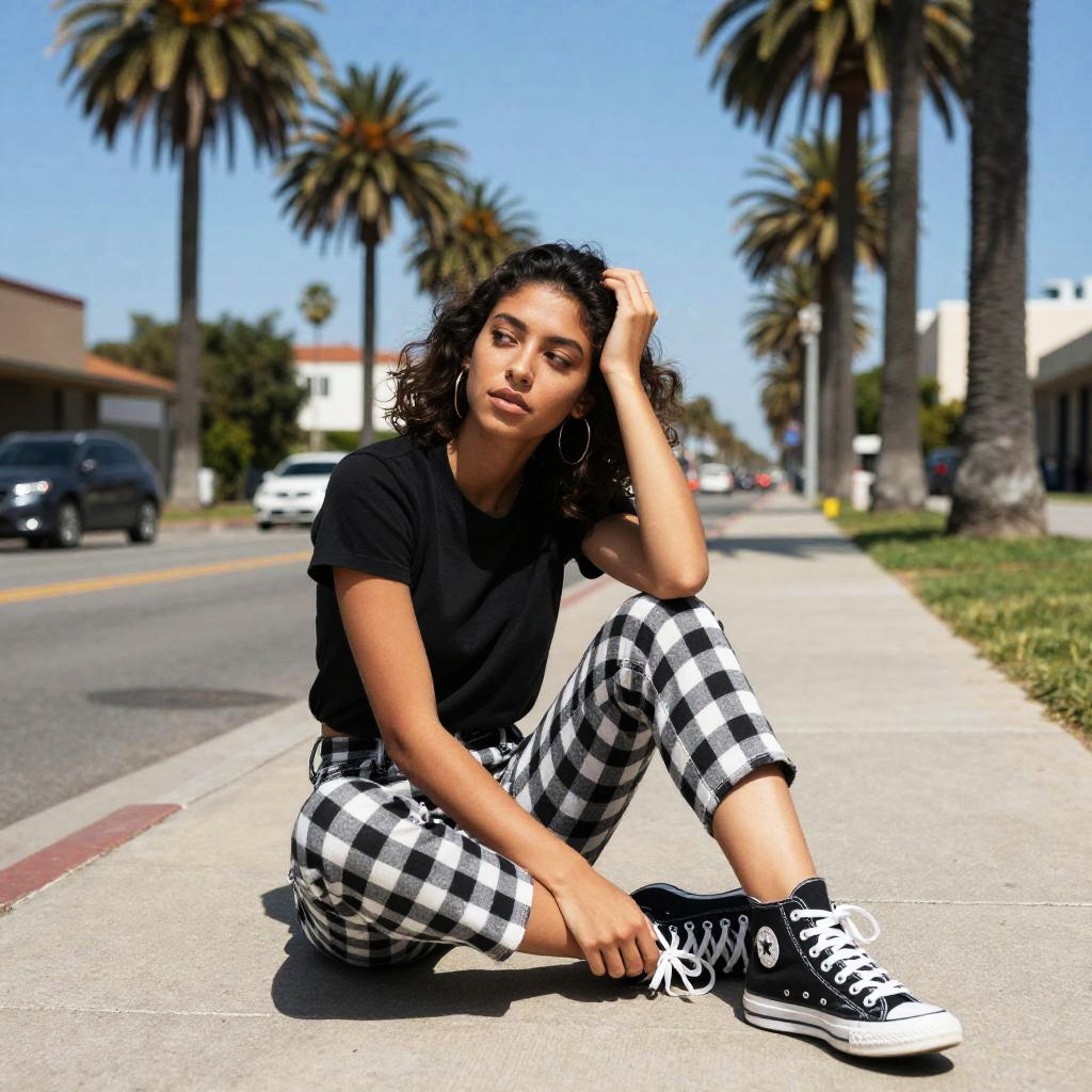 Gen Z Fashion Woman Sitting on Sidewalk in Casual Streetwear