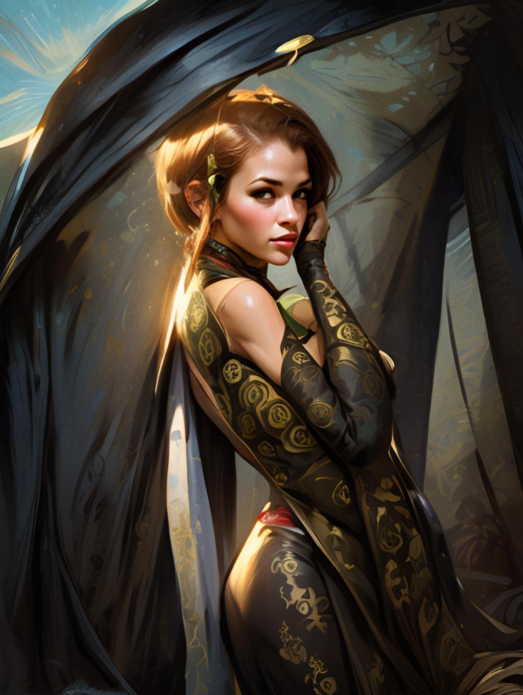 Elegant Woman in Intricate Gold Patterned Gown with Black Veil Digital Art