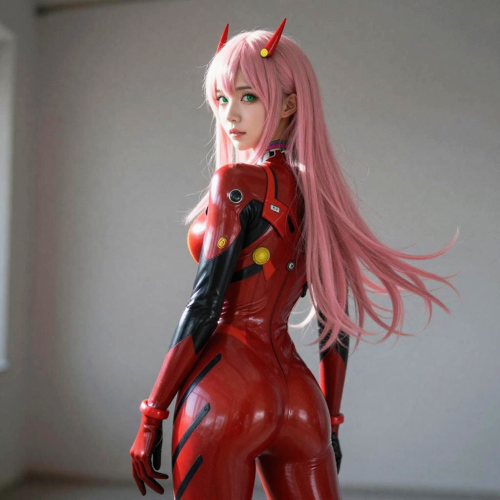 Woman Cosplaying in Futuristic Red Bodysuit with Pink Hair and Horn Accessories