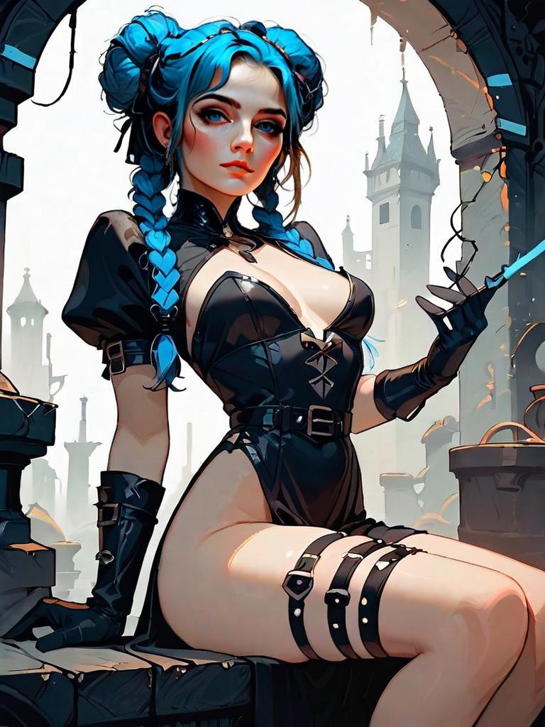 Gothic Woman with Blue Hair in Leather Outfit Against Medieval Castle
