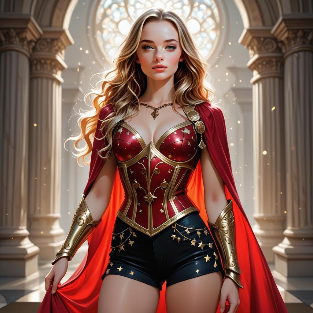 Confident Woman in Classical Hall with Red Corset and Cape Confident Woman in Classical Hall with Red Corset and Cape