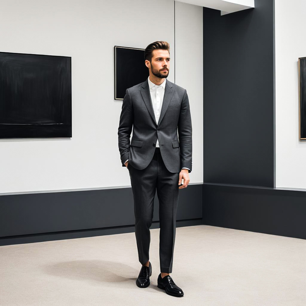 Stylish Man in Gray Suit at Art Gallery