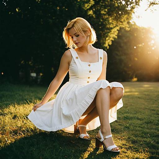 Elegant Woman in White Dress Posing Outdoors During Golden Hour