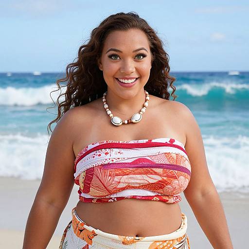 Smiling Curly-Haired Woman in Tropical Beachwear on Ocean Shore