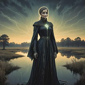 Elegant Woman in Fantasy Gown by Tranquil Lake at Sunset