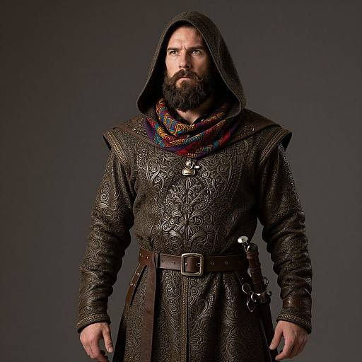 Medieval Fantasy Warrior Man in Embossed Leather Armor with Hood and Sword