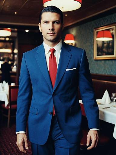 Man in Blue Suit and Red Tie Standing in Elegant Restaurant