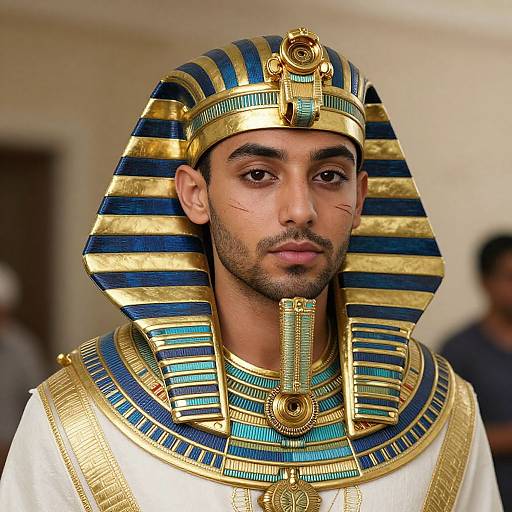 Young Man in Authentic Ancient Egyptian Pharaoh Costume with Blue and Gold Headdress
