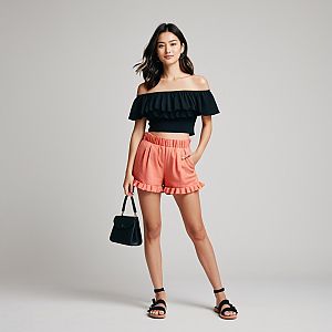 Woman in Contemporary Chic Off-the-Shoulder Black Crop Top with Ruffled Coral Shorts