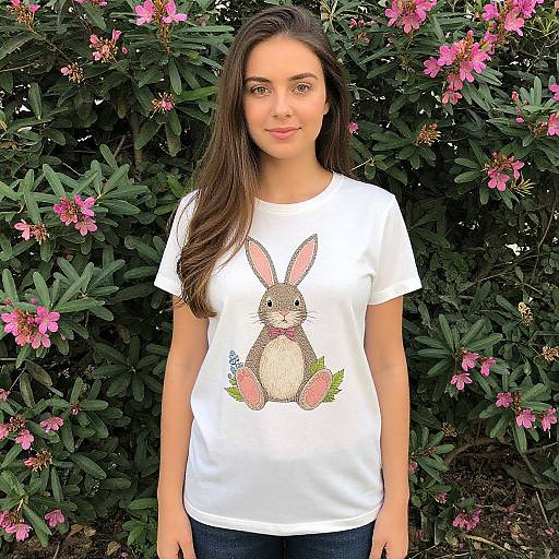 Young Woman Wearing Cute Bunny Print T-Shirt Outdoors with Pink Flowers