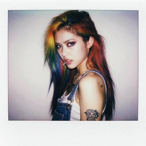 Gen Z Woman with Rainbow Hair and Tattoos in Polaroid Style Portrait