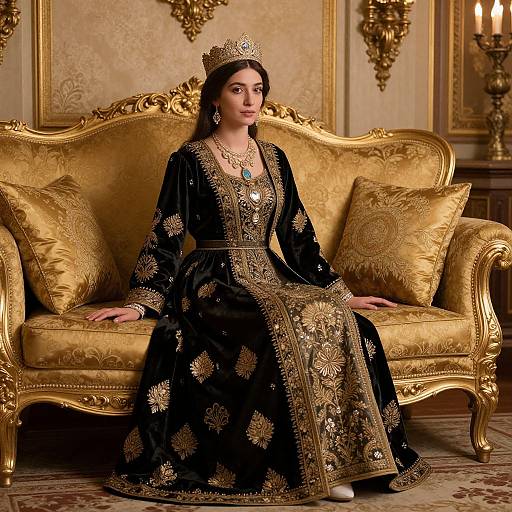 Woman in Traditional Embroidered Gown with Golden Crown Sitting on Luxurious Sofa