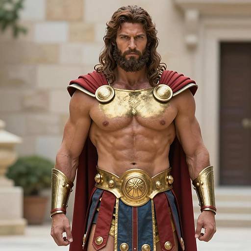 Ancient Warrior Man in Gold Armor and Red Cape