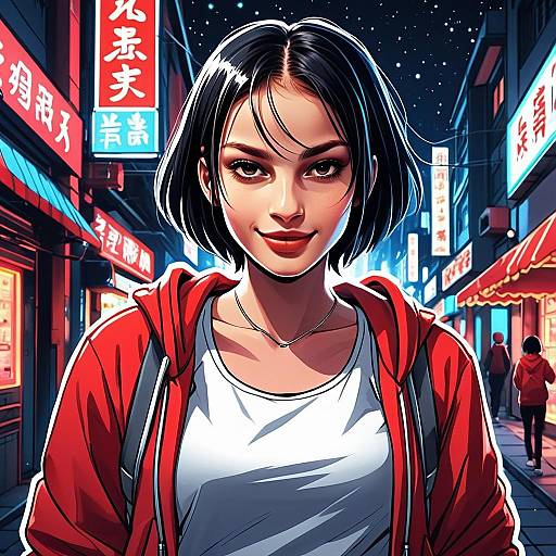 Confident Woman in Red Hoodie on Neon-Lit Urban Street Night Scene