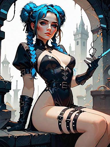 Gothic Woman with Blue Hair in Leather Outfit Against Medieval Castle