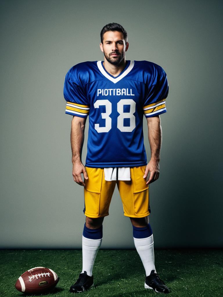 Man in Blue and Yellow Football Jersey Number 38 Photorealistic Sports Portrait Man in Blue and Yellow Football Jersey Number 38 Photorealistic Sports Portrait
