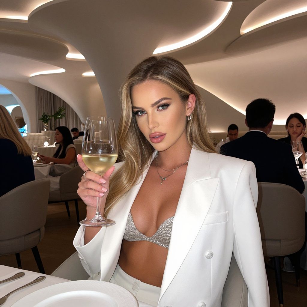 Elegant Woman in White Blazer Toasting with Wine at Upscale Modern Restaurant