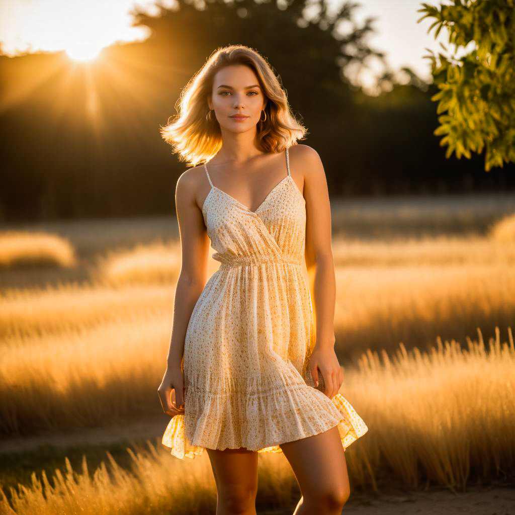 Graceful Woman in Floral Dress at Sunset