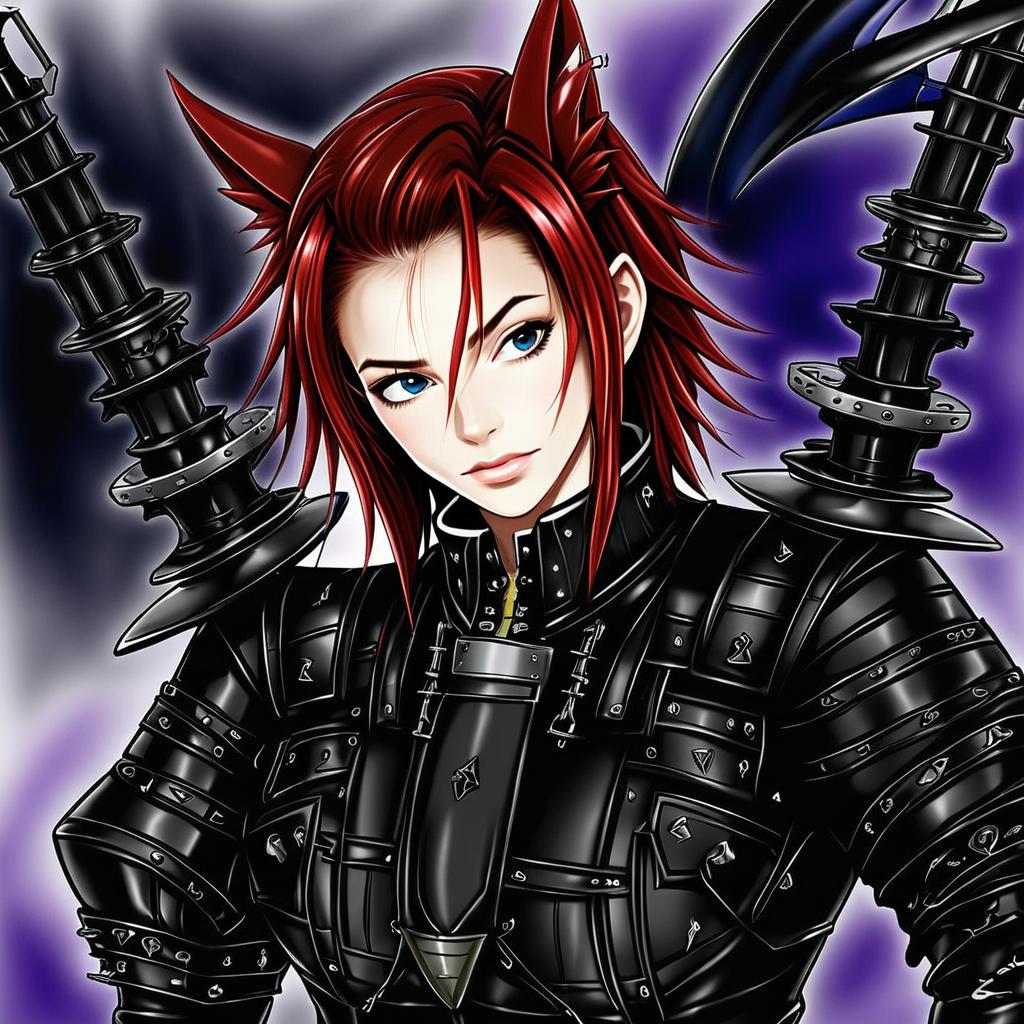 Anime Red-Haired Woman in Black Samurai Armor Digital Art
