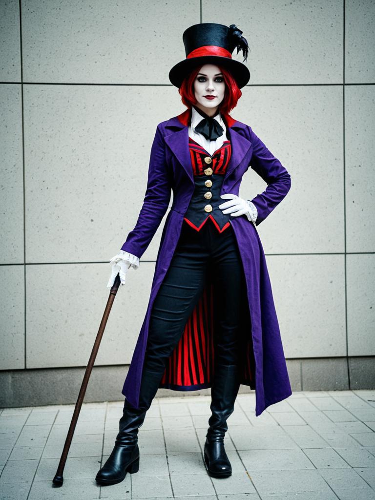 Woman in Victorian Gothic Facilier Cosplay with Cane and Top Hat Full Body Photo