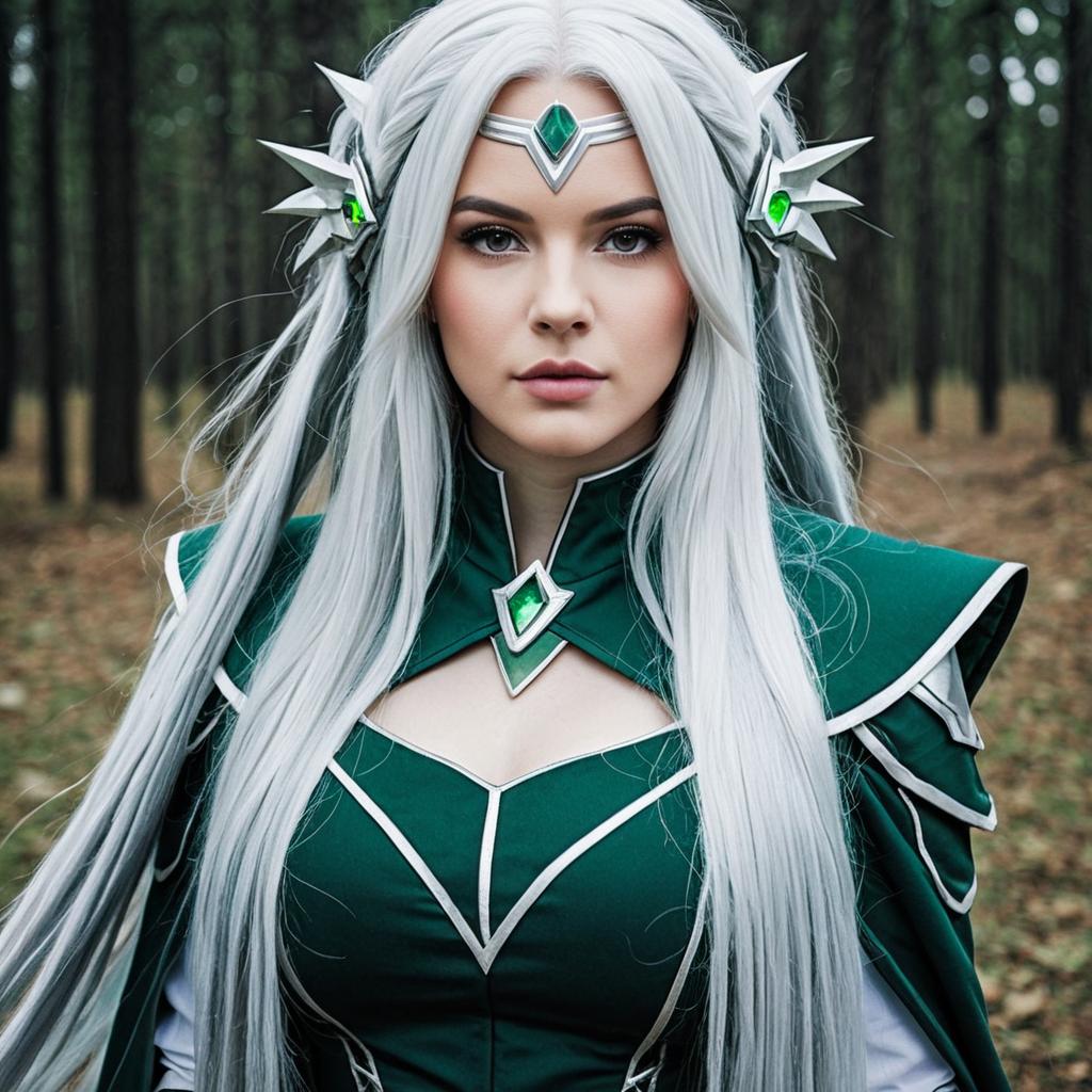 Altina Orion Cosplay in Forest with Silver Hair and Green Armor