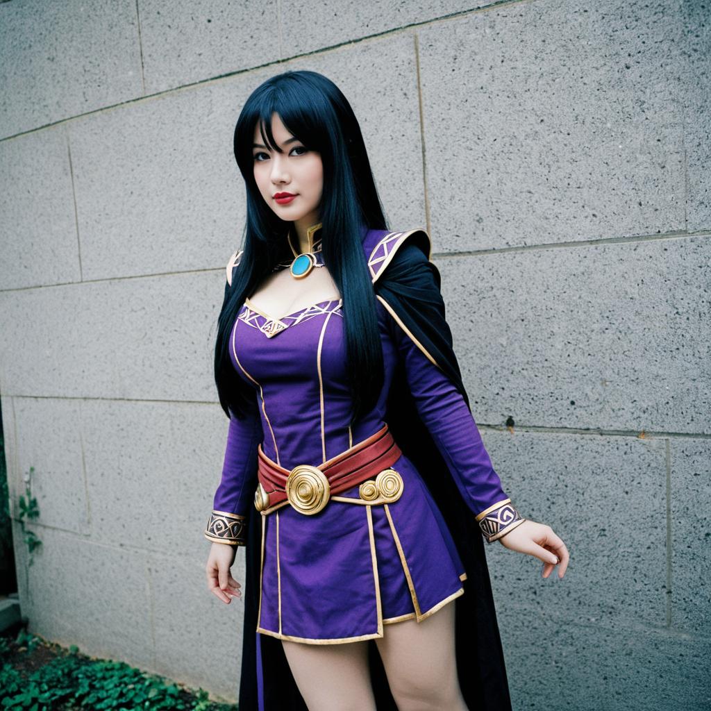 Fantasy Cosplay Woman in Purple Costume with Gold Trim