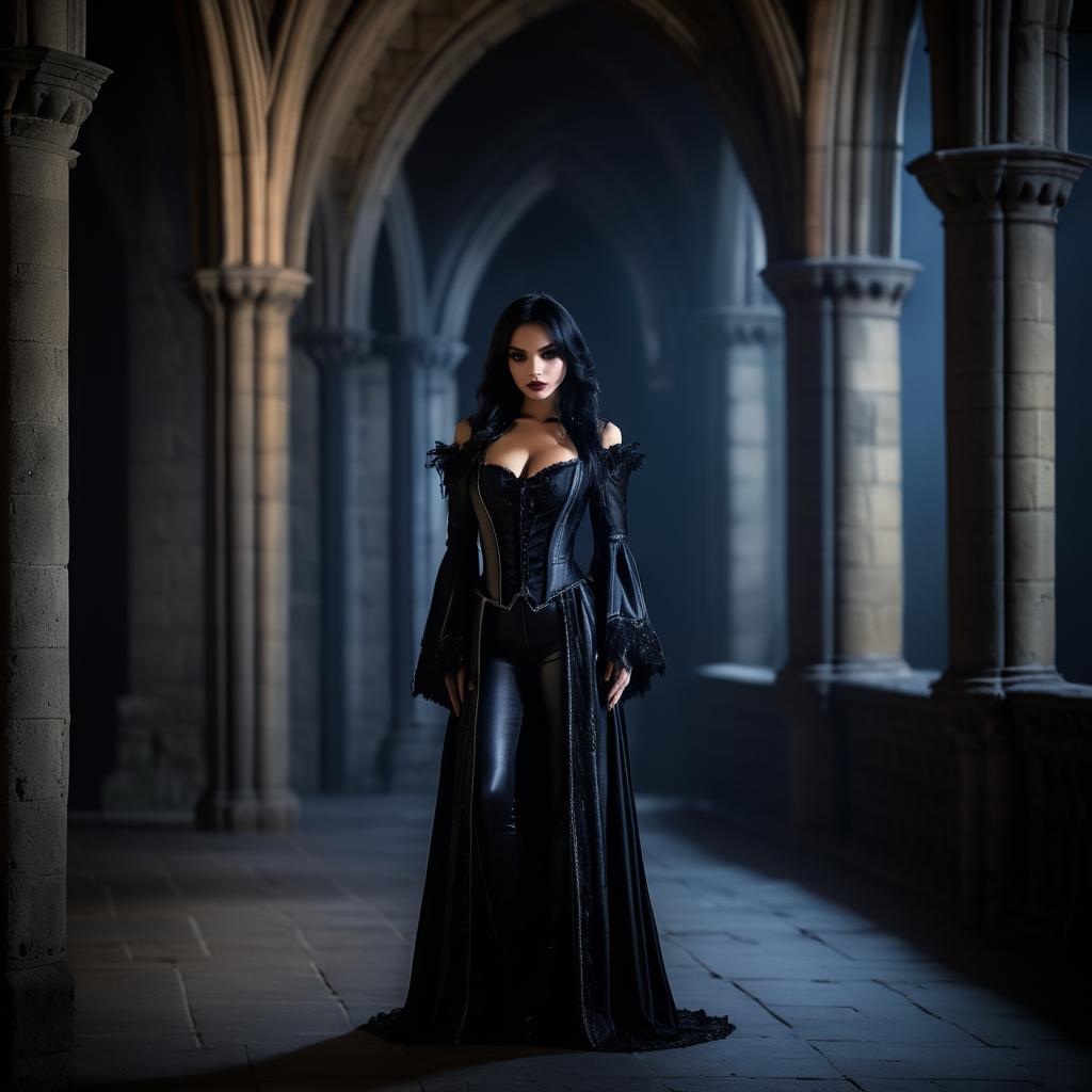 Elegant Gothic Woman in Shadowy Corridor