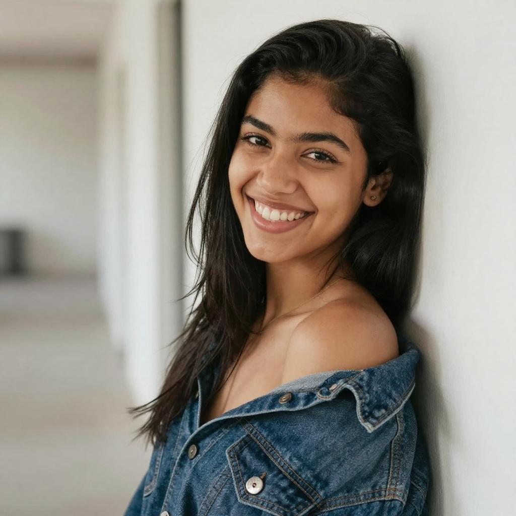 Smiling Young Woman in Denim Jacket Leaning on Wall