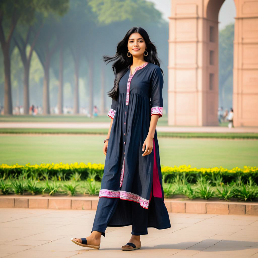 Elegant Woman in Dark Blue Kurta Strolling in Park