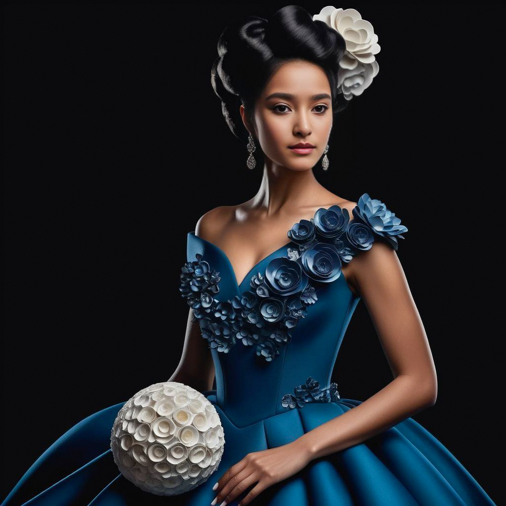 Elegant Woman in Blue Gown with Floral Appliqués Elegant Woman in Blue Gown with Floral Appliqués
