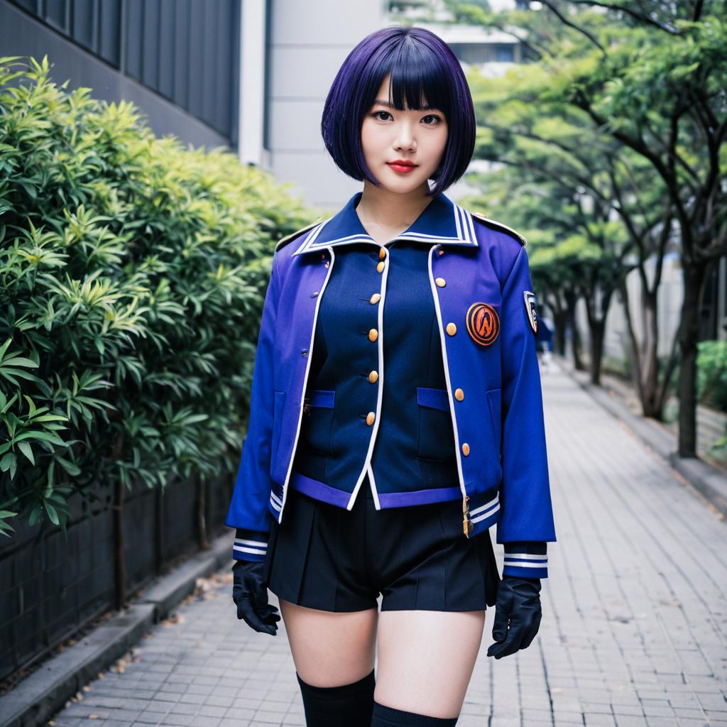 Woman in Navy Blue Uniform Jacket and Black Shorts with Anime Styling