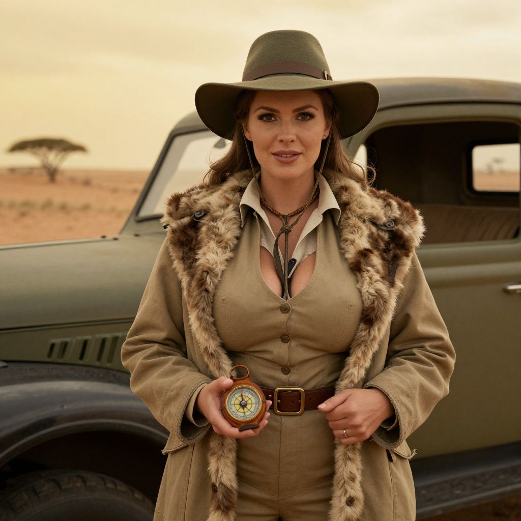 Vintage Safari Woman with Compass and Classic Vehicle in Desert Scene