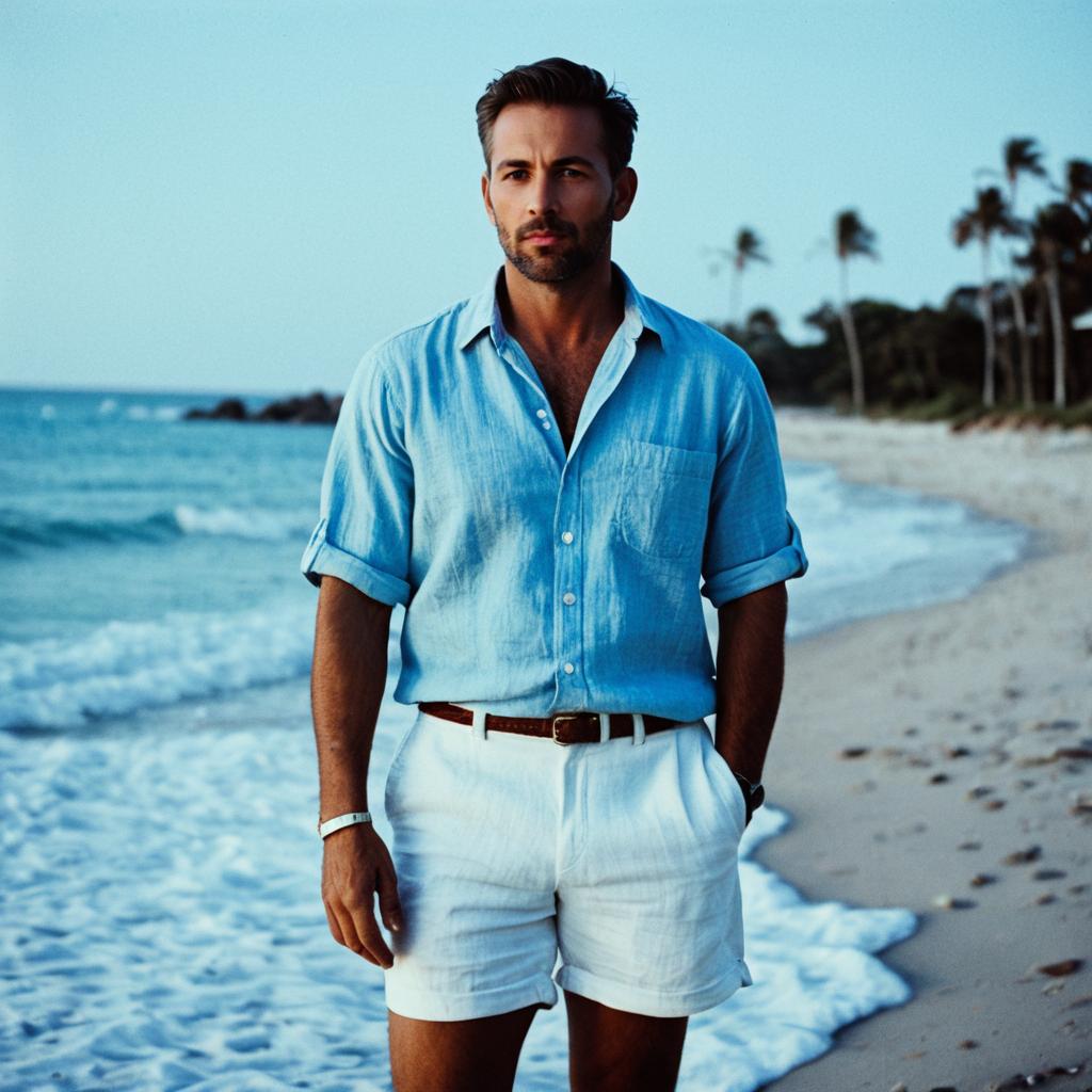 Stylish Man Wearing Light Blue Linen Shirt on Beach at Sunset