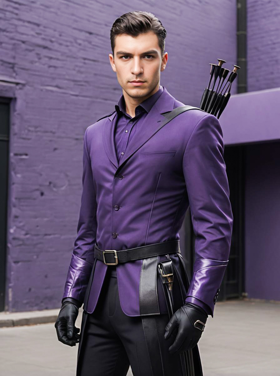 Stylish Man in Purple Suit with Archer Accessory