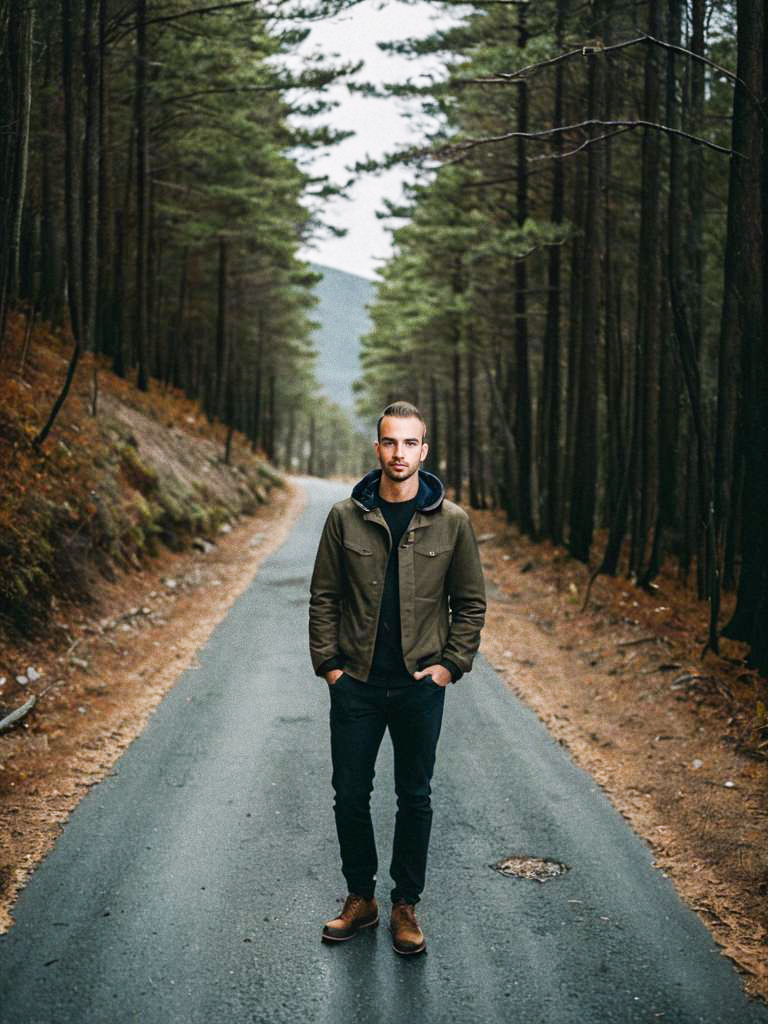 Stylish Young Man in Forest Road