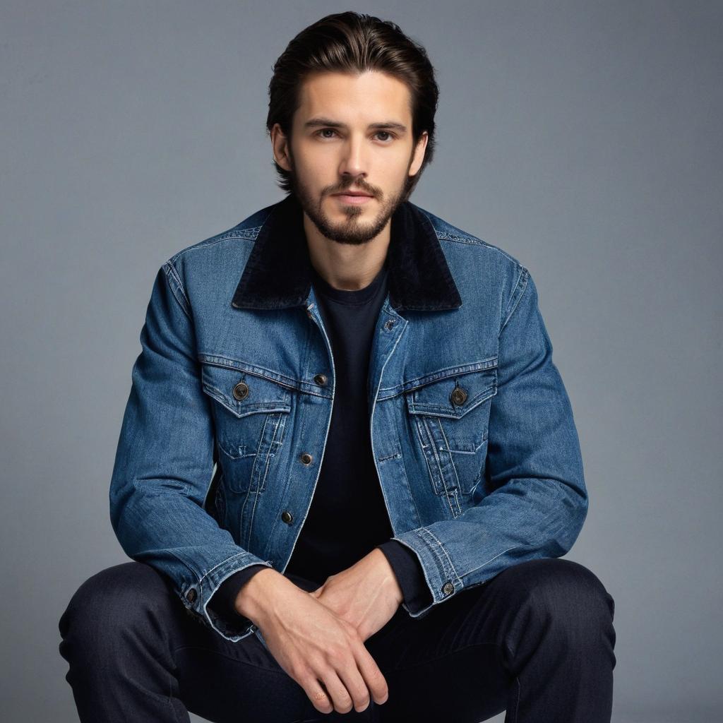 Confident Man Wearing Denim Jacket Sitting Against Gray Background