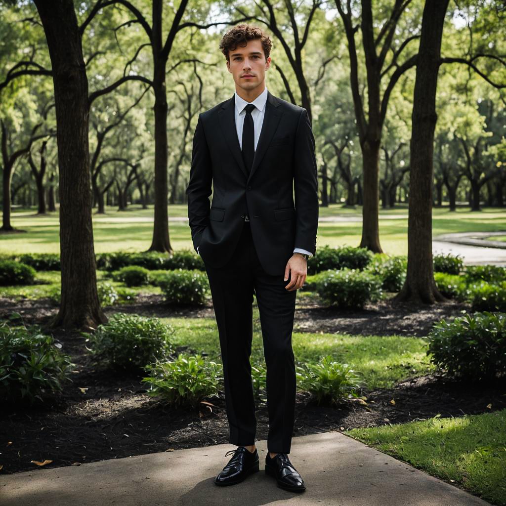 Stylish Young Man in Black Suit in Park