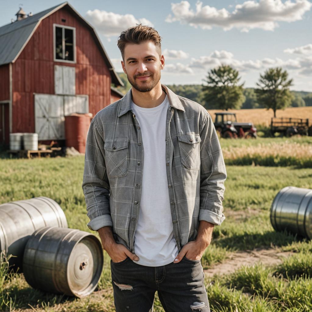 Confident Man in Front of Red Barn