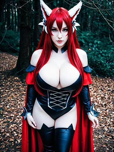 Red-Haired Woman in Black Leather Corset and Red Cape Cosplay in Forest