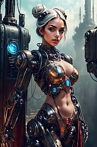 Futuristic Cybernetic Woman in Steampunk Robotic Armor Digital Art